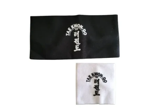 Zestaw 2 opasek Taekwondo ITF – biała na nadgarstek i czarna na głowę